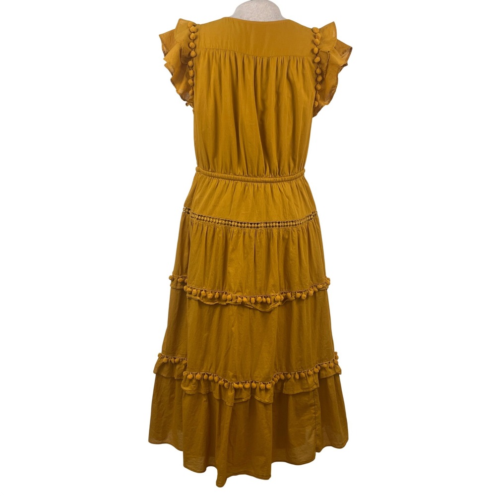 Point Sur J.Crew Mustard Yellow Pom Pom Tiered Midi Dress Womens 8 Cotton Boho - Picture 5 of 13